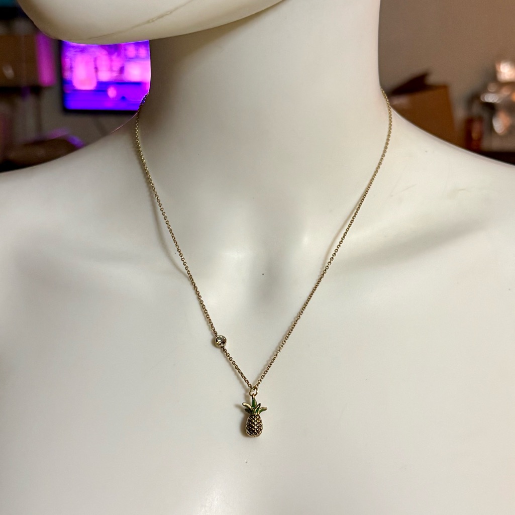 Coach Green Enamel Crystal Pineapple Pendant Necklace In GoldTone Coach Green Enamel Crystal Pineapple Pendant Necklace In GoldTone